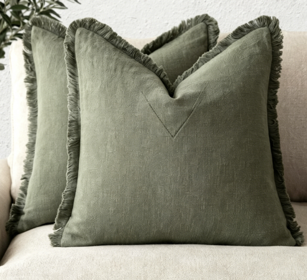 Two piece olive green tasseled linen rustic pillowcases
